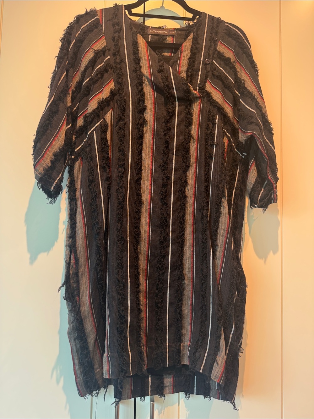 Antik Batik Black Tunic with Red & Gray Stripes